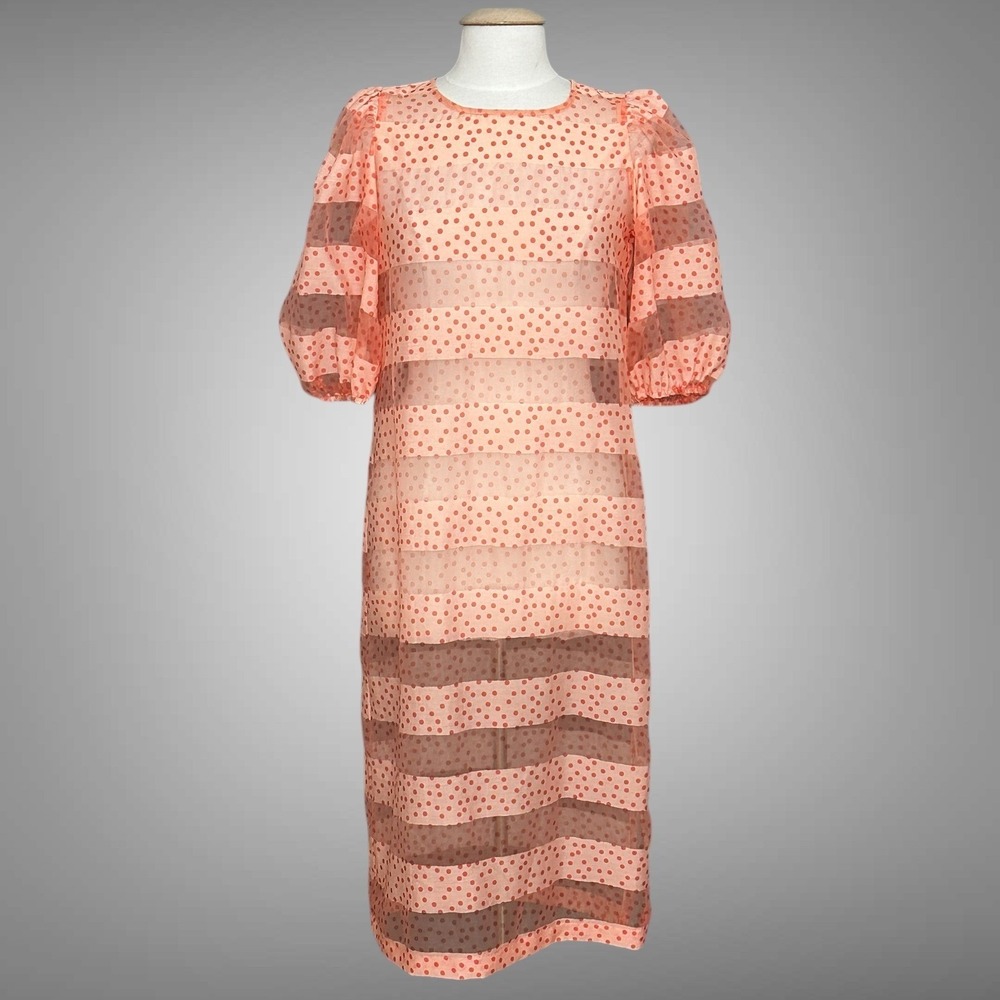 CALTER Womens Dress S Coral Organza Dot Sheer Whimsical Feminine Ethereal Pastel